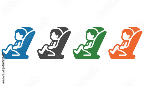 Four colorful car seat icons depicting a child safety restraint
