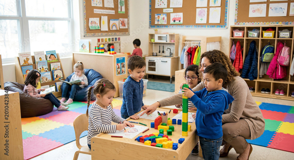 Obraz premium Children learning and playing in a vibrant preschool classroom
