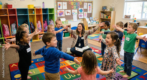 Preschool children in a circle time singing activity