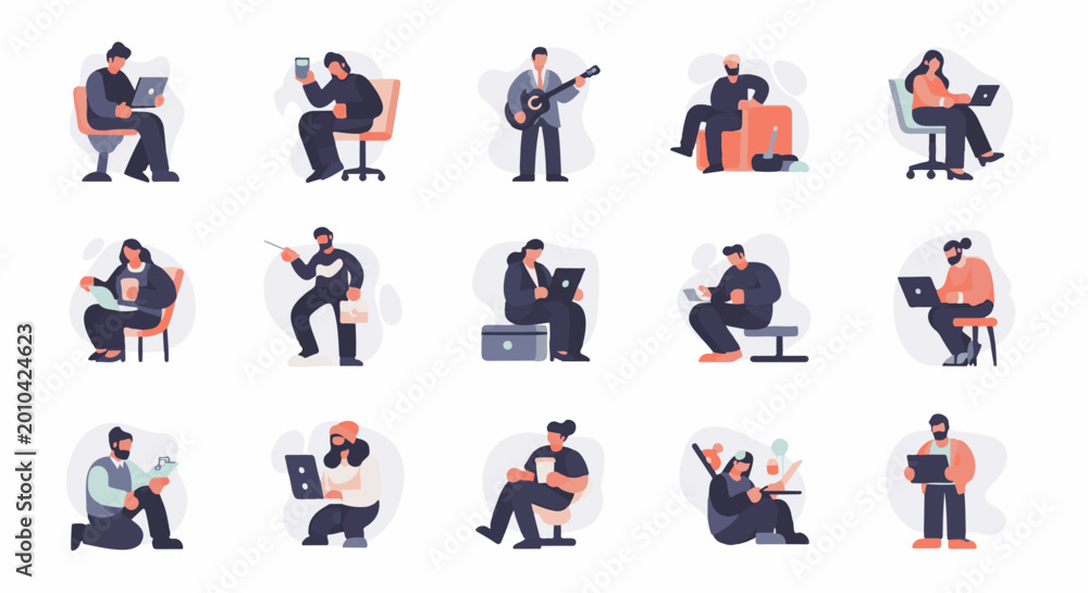 Fototapeta premium Diverse individuals engaged in various activities like working on laptops and playing guitar