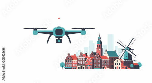 A drone flies over a picturesque Dutch town with windmills