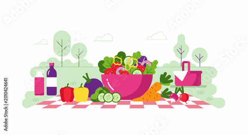 A vibrant picnic spread of fresh vegetables and drinks in a park