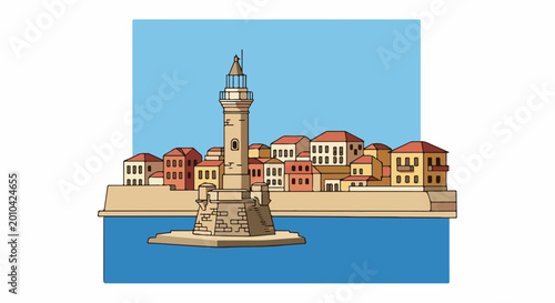 A stylized, colorful illustration of a coastal town with a prominent lighthouse