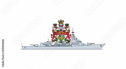 A stylized illustration of a warship with a royal crest above its superstructure