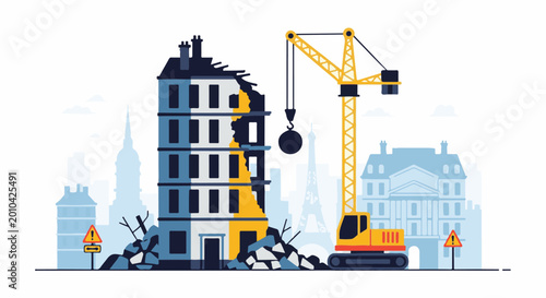 Demolition crane in a city with a partially destroyed building