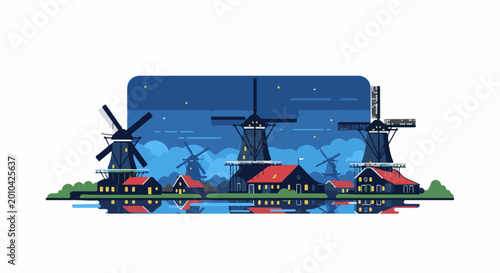 Stylized illustration of Dutch windmills and houses by water at night