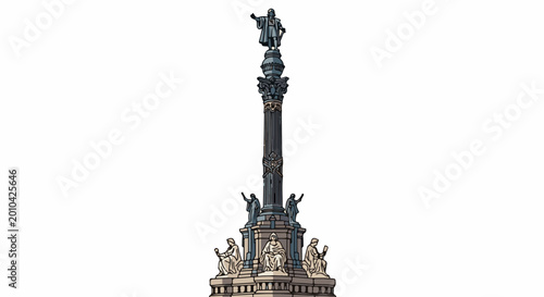 Tall monument with a figure on top, elaborate column, and base with statues