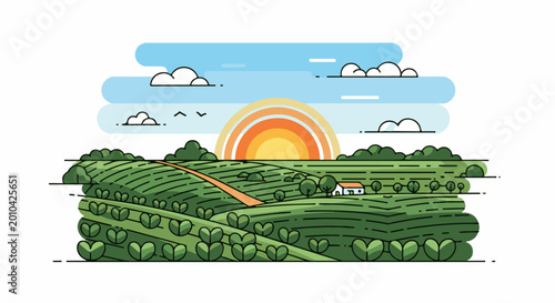 Stylized landscape with a sunrise over rolling green hills and a small house