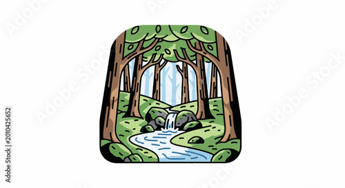 Stylized forest scene with a winding stream and small waterfall