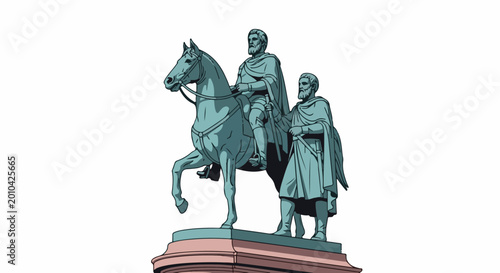 Two historical figures, one on horseback, stand on a pedestal