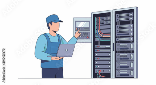 Technician interacting with server rack and control panel using laptop