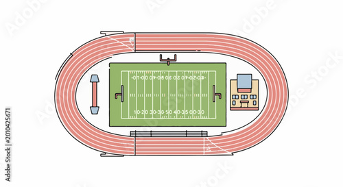 Top-down cartoon view of a sports stadium with a track and field