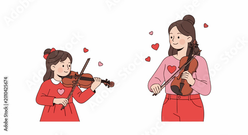 Two individuals, a child and an adult, play violins surrounded by floating hearts