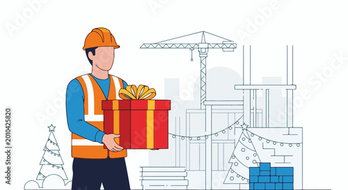Construction worker in hard hat holding festive gift box at decorated site