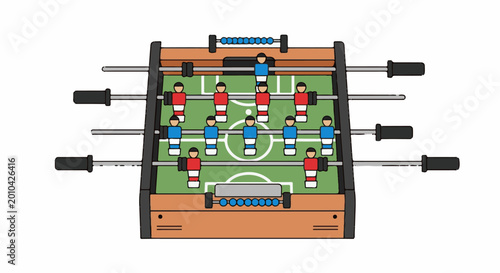 Colorful foosball table with red and blue figures on a green field