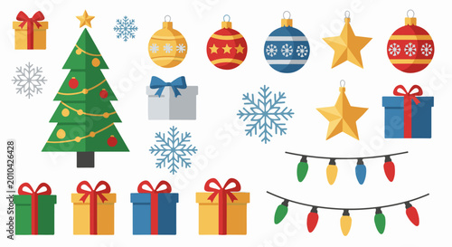 Collection of festive Christmas icons tree, gifts, ornaments, snowflakes, and lights