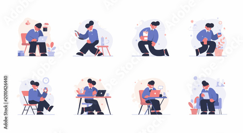 Collection of eight flat illustration panels depicting diverse daily activities of a person