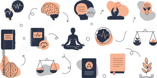 Foto Mental Health, Wellness, and Balance Icons Set for Emotional Well-being, Stress