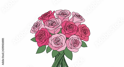 A stylized illustration of a bouquet of pink and red roses with green leaves and stems