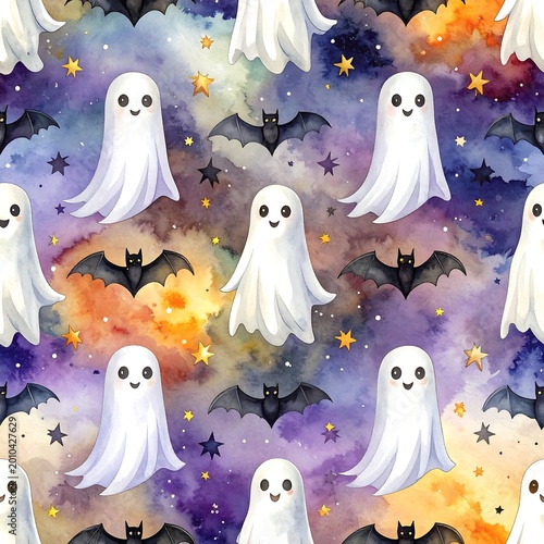 Whimsical Halloween pattern with smiling ghosts and bats in space