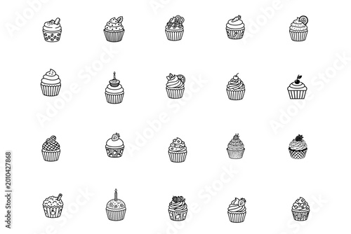 Hand Drawn Cupcake Icon Set - Cute Dessert Doodle Collection Vector