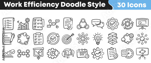 Set of thirty hand drawn doodle style icons for business work efficiency