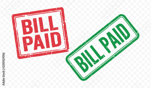 Bill paid stamp icons in red and green for financial success and debt clearance concept