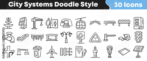 Collection of various hand drawn city infrastructure icons in a simple doodle style
