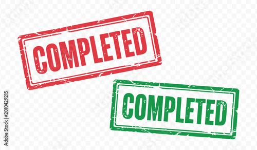 Completed task stamp icons set with red and green hand-drawn check marks for business success and project finalization