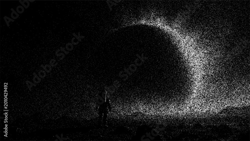 Fotografie Astronaut standing alone on planet surface looking at glowing crescent eclipse