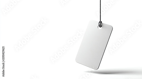 Blank price tag hanging on a minimalist background for design use.
