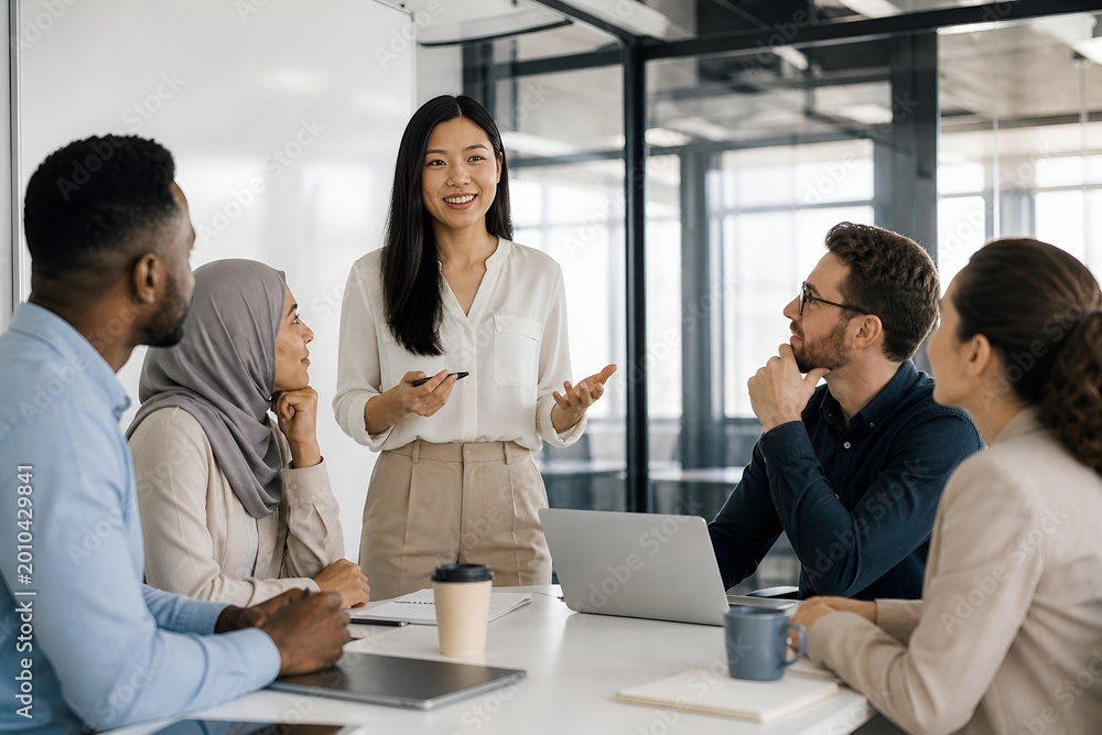 Fototapeta premium Confident Asian Female Leader Presenting to Diverse Business Team in Modern Office