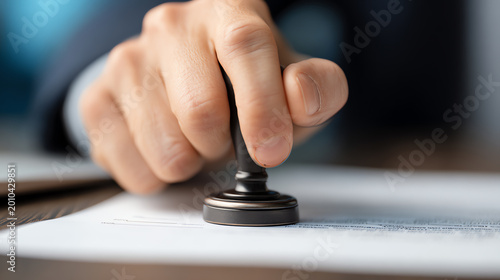 Close-up of hand stamping official document with seal.