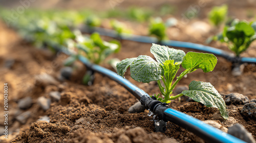 Close-up of young plants irrigated by drip irrigation system.