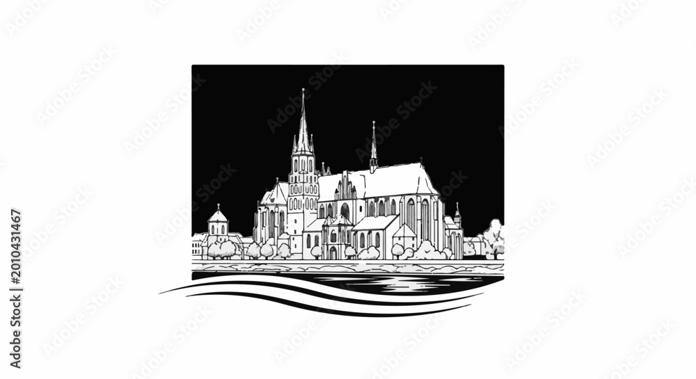 Obraz premium Detailed ink sketch of a Gothic cathedral with spires along a riverbank