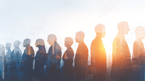 Silhouettes of diverse individuals in a contemplative line.