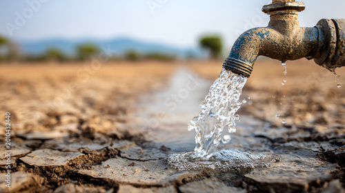 Water flows from a tap onto dry, cracked earth, showcasing drought.