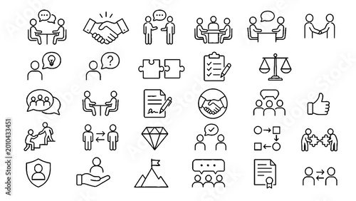 Business Agreement and Communication Line Icons Set Editable Stroke Collection