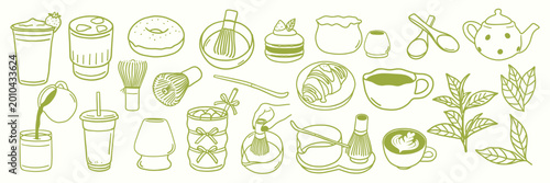 Valokuva Matcha doodle set with cozy café elements