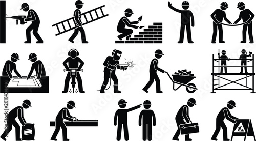 Tableau sur toile Construction worker activities silhouette icon set featuring drilling bricklayin