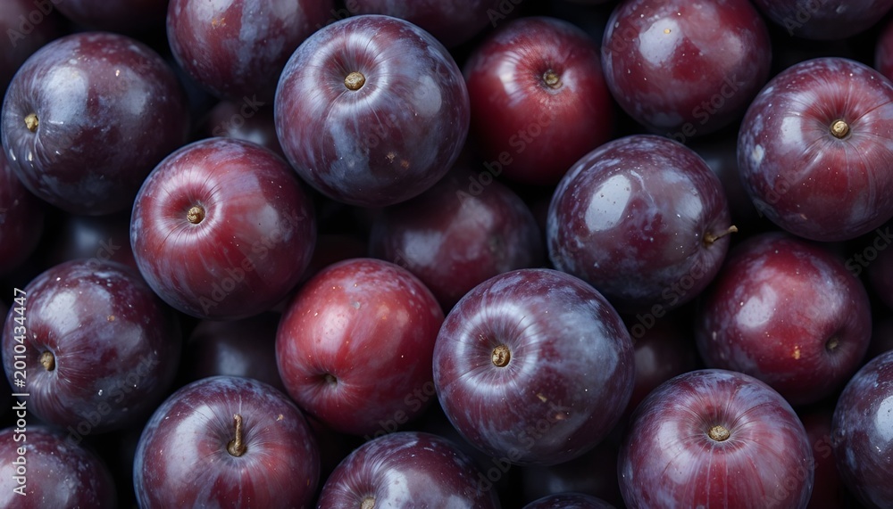 Fototapeta premium Heap of ripe plums isolated on transparent background (PNG), fresh dark purple fruits with natural bloom and subtle highlights, rich juicy texture, vibrant summer harvest look, high detail, realist