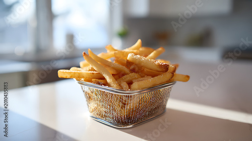Crispy golden fried potato sticks in a metallic mesh basket, glistening with salt, bathed in bright sunlight on a white kitchen counter, bokeh background