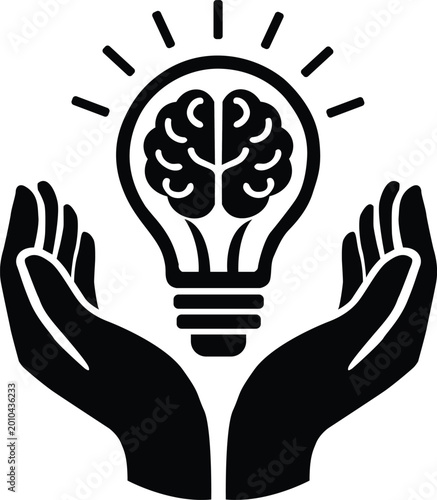 Brain inside lightbulb icon held by hands black silhouette