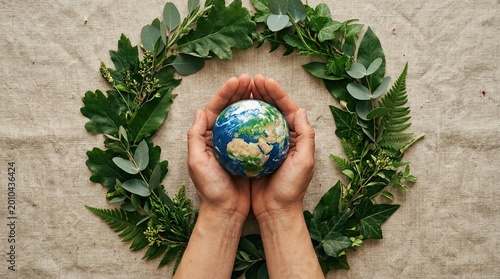 Hands cradle earth globe surrounded by greenery environmental concept