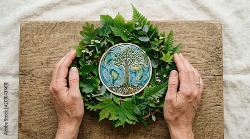 Hands holding earth artwork surrounded by leaves on wooden surface