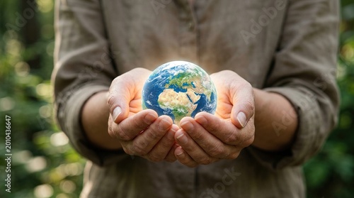 Hands holding illuminated globe representing environment and sustainability
