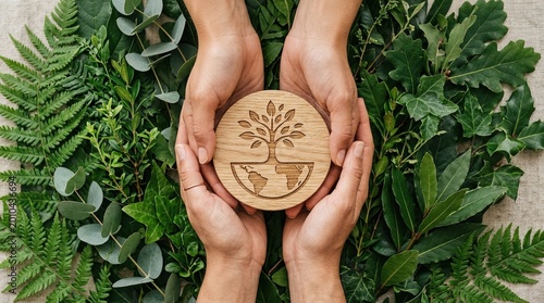 Hands holding wooden tree symbol surrounded by greenery