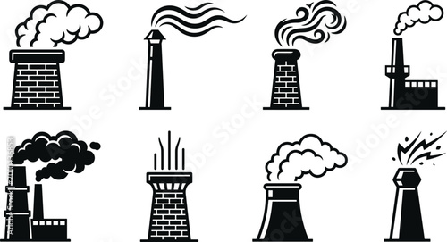Industrial chimney and smokestack icon set with varied smoke patterns symbolizing pollution, energy, and manufacturing processes