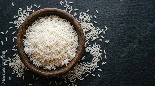 Overhead view of rice in wooden bowl on black surface
