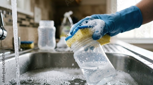 Person cleaning bottle in kitchen sink with water and sponge